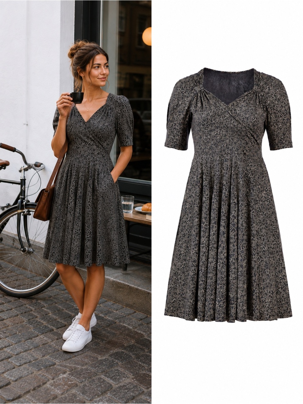 Effie’s Heart Demoiselles Heart Print Wrap Dress Size Small Gray Cotton Jersey